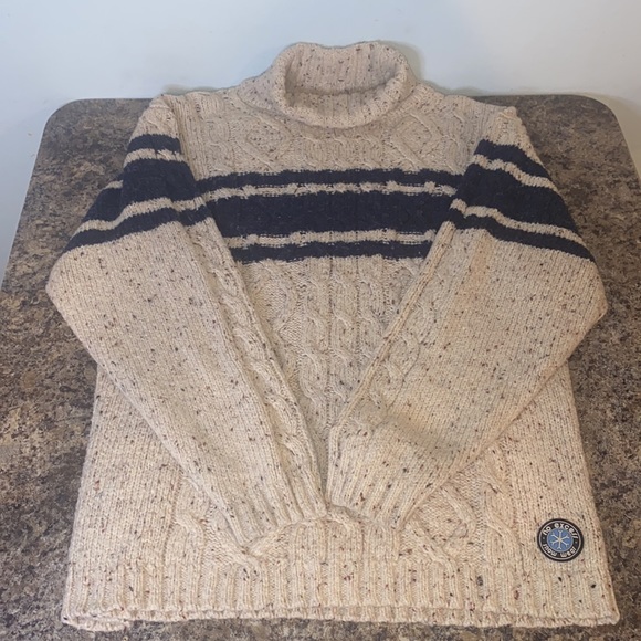 No Excess Snow Wear Wool Blend Striped Creme Cable Knit Turtleneck Sweater-Sz M - Picture 6 of 12